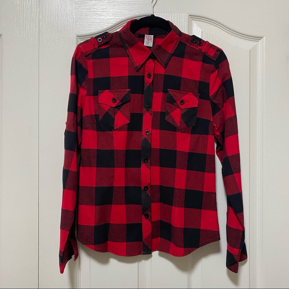 Honey Bun Red and Black Buffalo Plaid Shirt Size Large Juniors
